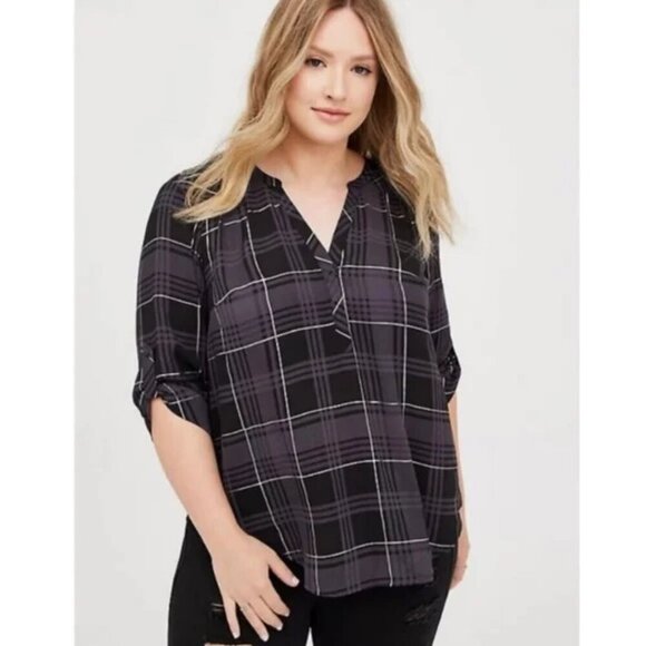 Women's Torrid Harper 3/4 sleeve Georgette Plaid Blouse Size 4 Black and Gray - Picture 1 of 11